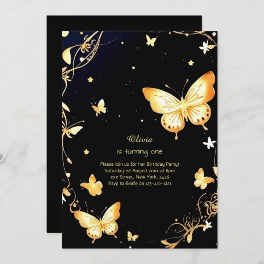 Butterfly Einladung zum ersten Geburtstag (Vorne/Hinten)