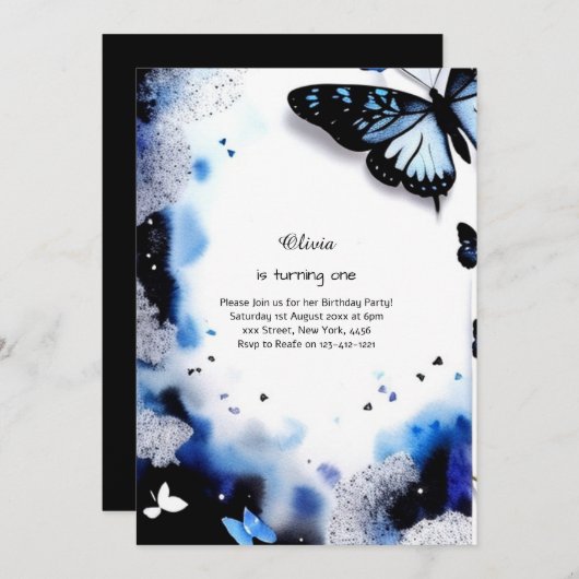 Butterfly Einladung zum ersten Geburtstag (Vorne/Hinten)