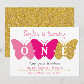 Butterfly Einladung zum ersten Geburtstag | Rosa u