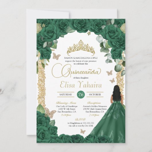 Butterfly Emerald Green Gold Princess Quinceanera Einladung (Vorderseite)