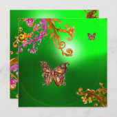 BUTTERFLY EMERALD GREEN, hellrosa, braun Einladung (Vorne/Hinten)