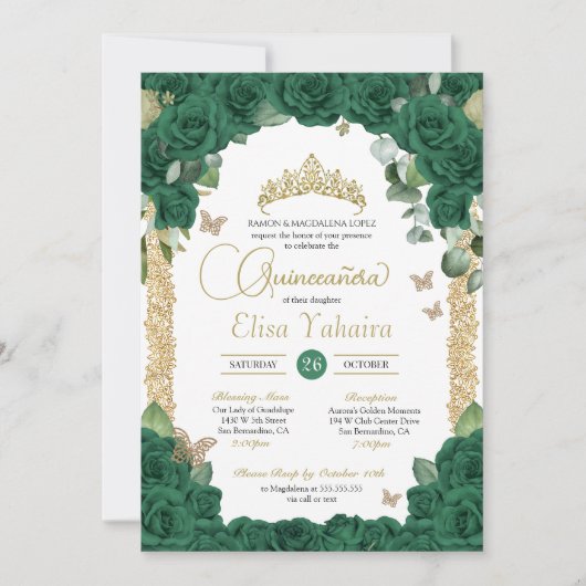 Butterfly Emerald Green Rose und Gold Quinceanera Einladung (Vorderseite)
