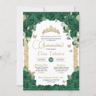 Butterfly Emerald Green Rose und Gold Quinceanera Einladung
