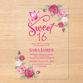 Butterfly Enchanted Rose Sweet 16 Birthday Acryleinladungen
