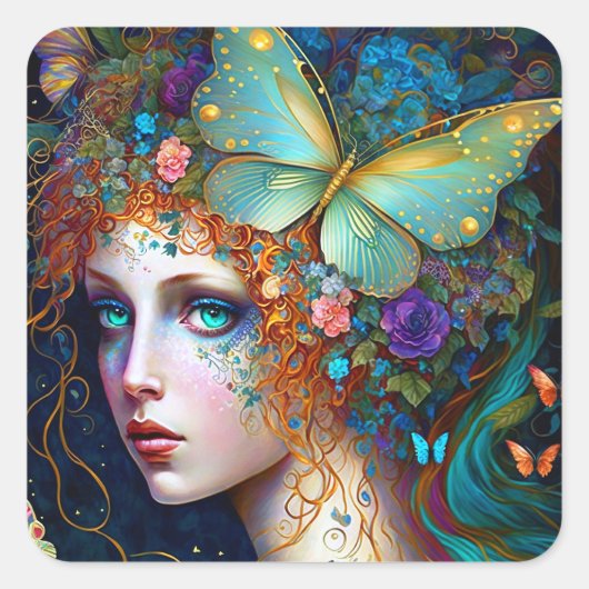Butterfly Fairy Elf Lady Fantasy Art Quadratischer Aufkleber (Vorderseite)