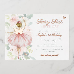 Butterfly Fairy erster 1. Geburtstag Gold Folieneinladung