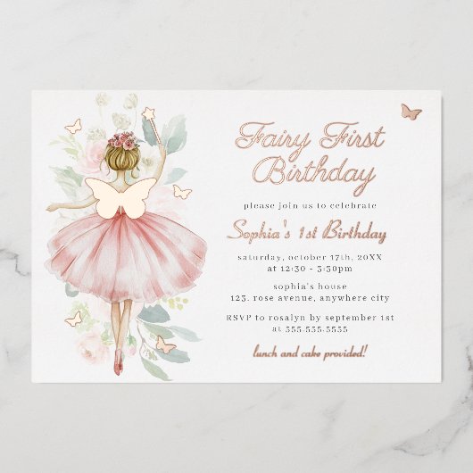 Butterfly Fairy Erster Geburtstag Folieneinladung (Vorderseite)