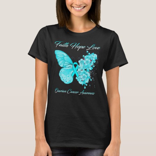 Butterfly Faith Hope Liebe Ovarielles Krebsbewusst T-Shirt (Vorderseite)