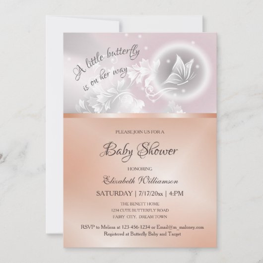 Butterfly Fantasy | Rose Gold Foil Babydusche Einladung (Vorderseite)