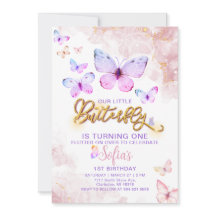 Butterfly First Birthday Girl 1. Einladung