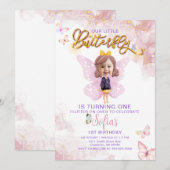 Butterfly First Birthday Girl 1. Einladung (Vorne/Hinten)