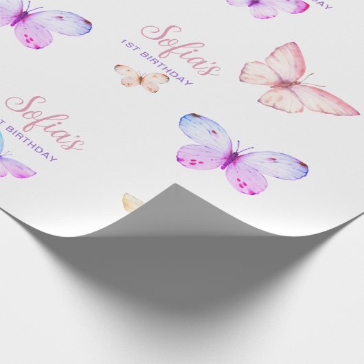 Butterfly First Birthday Girl 1st Pink Lila Geschenkpapier (Ecke)