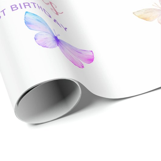 Butterfly First Birthday Girl 1st Pink Lila Geschenkpapier (Rolleneckpunkt)