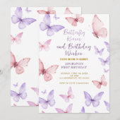 Butterfly First Birthday Invitation Girl Einladung (Vorne/Hinten)