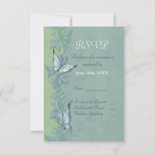 Butterfly Flight Floral Wedding RSVP Karte (Vorderseite)