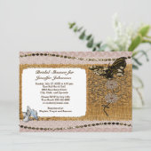 Butterfly Floral Beads Lace & Burlap Brautparty Einladung (Stehend Vorderseite)