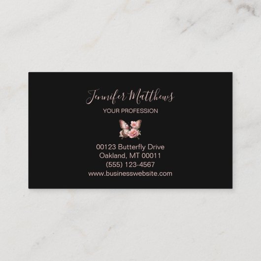 Butterfly Floral Elegantes Script Black Visitenkarte (Rückseite)