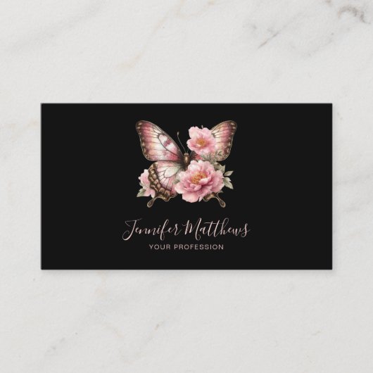 Butterfly Floral Elegantes Script Black Visitenkarte (Vorderseite)