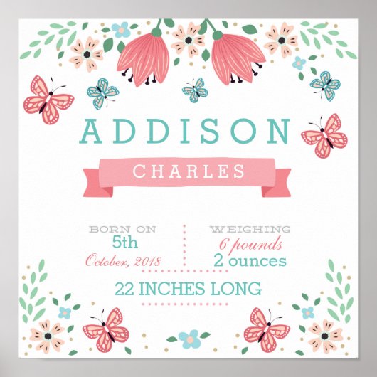 Butterfly Floral Garden Baby Stats Poster (Vorne)