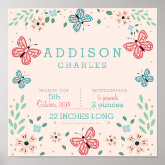 Butterfly Floral Garden Baby Stats Poster