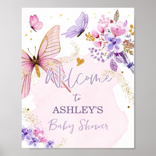 Butterfly Floral Garden Girl Babydusche Willkommen Poster (Vorne)