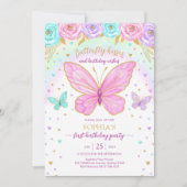 Butterfly Floral Girl Birthday Invitation Einladung (Vorderseite)