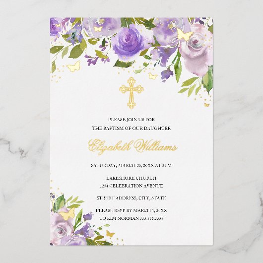 Butterfly Floral Lila Gold Girl Taufe Folieneinladung (Vorderseite)