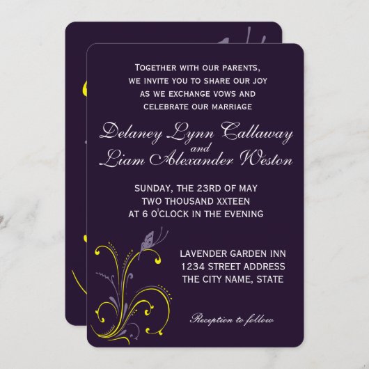 Butterfly & Floral Lila und Gelb Hochzeit Einladung (Vorne/Hinten)