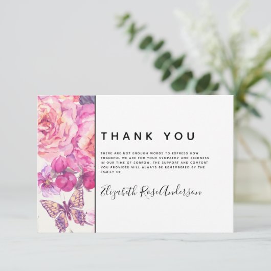 Butterfly Floral Modernes Beileid Beerdigung Dankeskarte (Stehend Vorderseite)