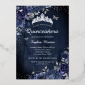 Butterfly Floral Navy Quinceanera Folieneinladung (Vorderseite)