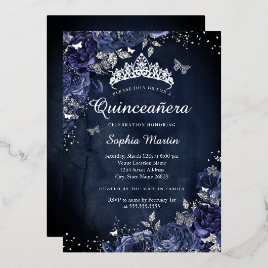 Butterfly Floral Navy Quinceanera Folieneinladung (Vorderseite/Rückseite)
