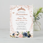 Butterfly Floral Pink Navy Quinceanera Folieneinladung (Stehend vorne)