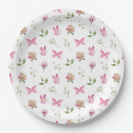 Butterfly Floral Pink White Baby Dusche Pappteller