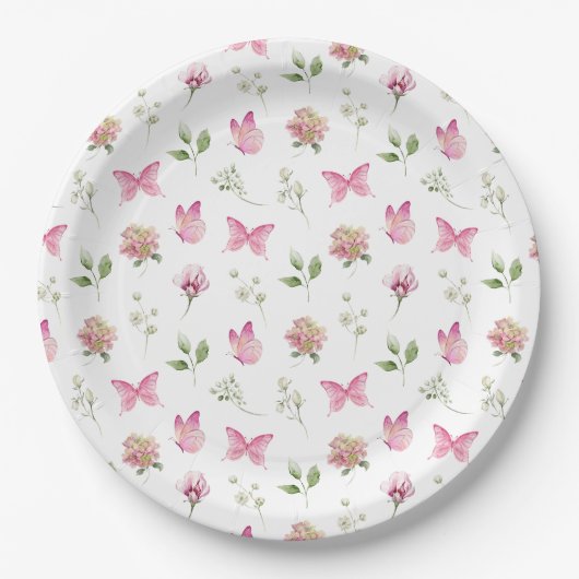 Butterfly Floral Pink White Baby Dusche Pappteller (Vorderseite)