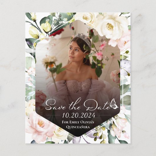 Butterfly Floral Quinceanera Foto Save the Date (Vorderseite)