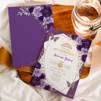 Butterfly Floral Quinceñera Violet Gold Geometrie Einladung
