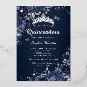 Butterfly Floral Royal Navy Quinceanera Folieneinladung