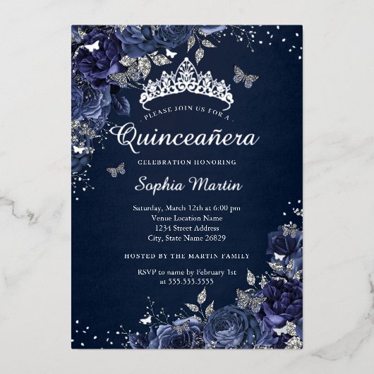 Butterfly Floral Royal Navy Quinceanera Folieneinladung (Vorderseite)