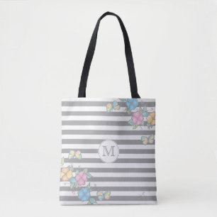 Butterfly Floral Striped Monogramm Grau Tasche