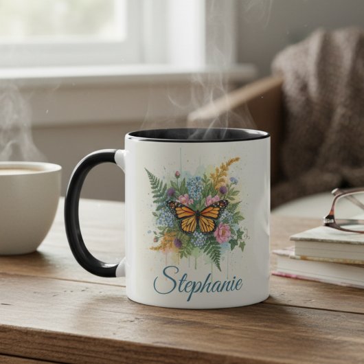 Butterfly Floral Wreath Two-Tone Coffee Mug Tasse