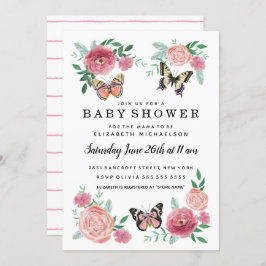 Butterfly Florals Pink Baby Girl Baby Dusche Einladung