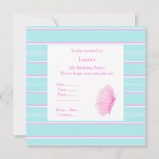 BÜTTERFLY FLUTTER BIRTHDAY PARTY EINLADUNG (Rückseite)