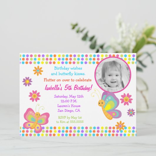 Butterfly Foto Geburtstagsfeier Einladung (Stehend Vorderseite)