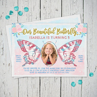 Butterfly Foto Girls Niedlich Kid Pink Geburtstags Einladung