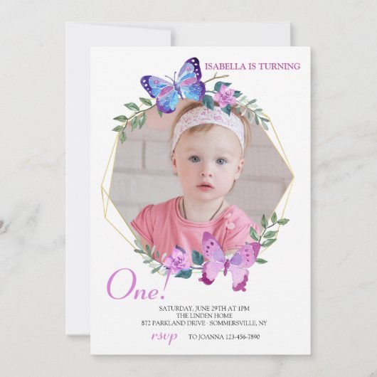 Butterfly Frame Foto Geburtstag Einladung (Vorderseite)