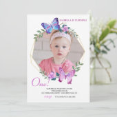 Butterfly Frame Foto Geburtstag Einladung (Stehend Vorderseite)