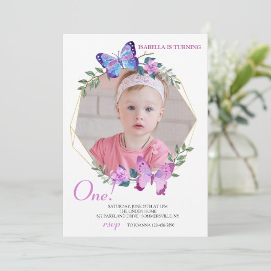 Butterfly Frame Foto Geburtstag Einladung (Stehend Vorderseite)