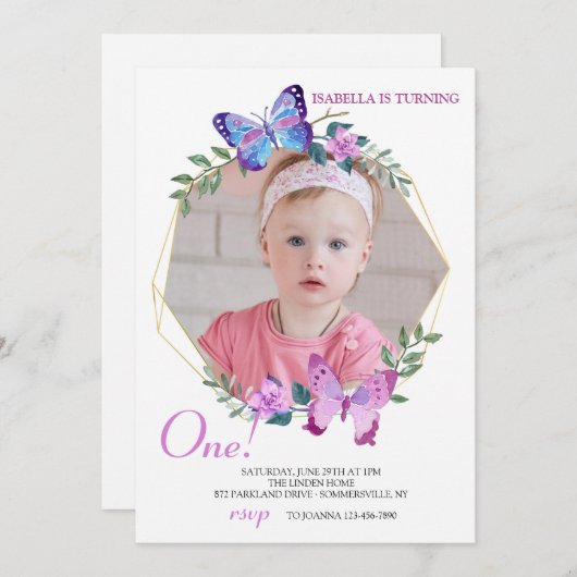Butterfly Frame Foto Geburtstag Einladung (Vorne/Hinten)