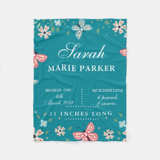 Butterfly Garden Baby Birth Stats Fleece Blanken (Vorderseite)