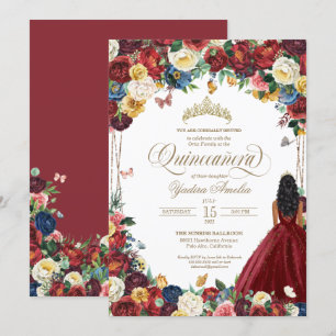 Butterfly Garden Burgund Blume Quinceanera Gown Einladung